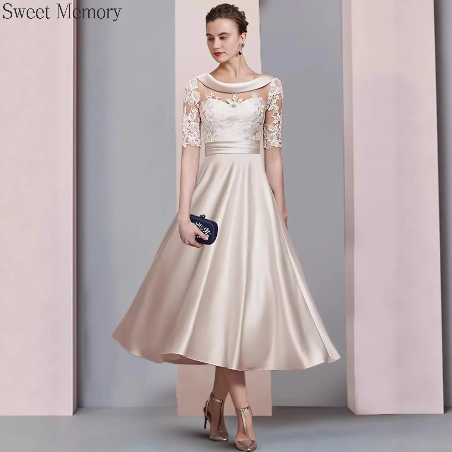 

M12130 Sweet Memory Lace Sleeves Satin Prom Dresses Party Bridesmaid Dress Elegant Dress Women for Wedding Party Dress