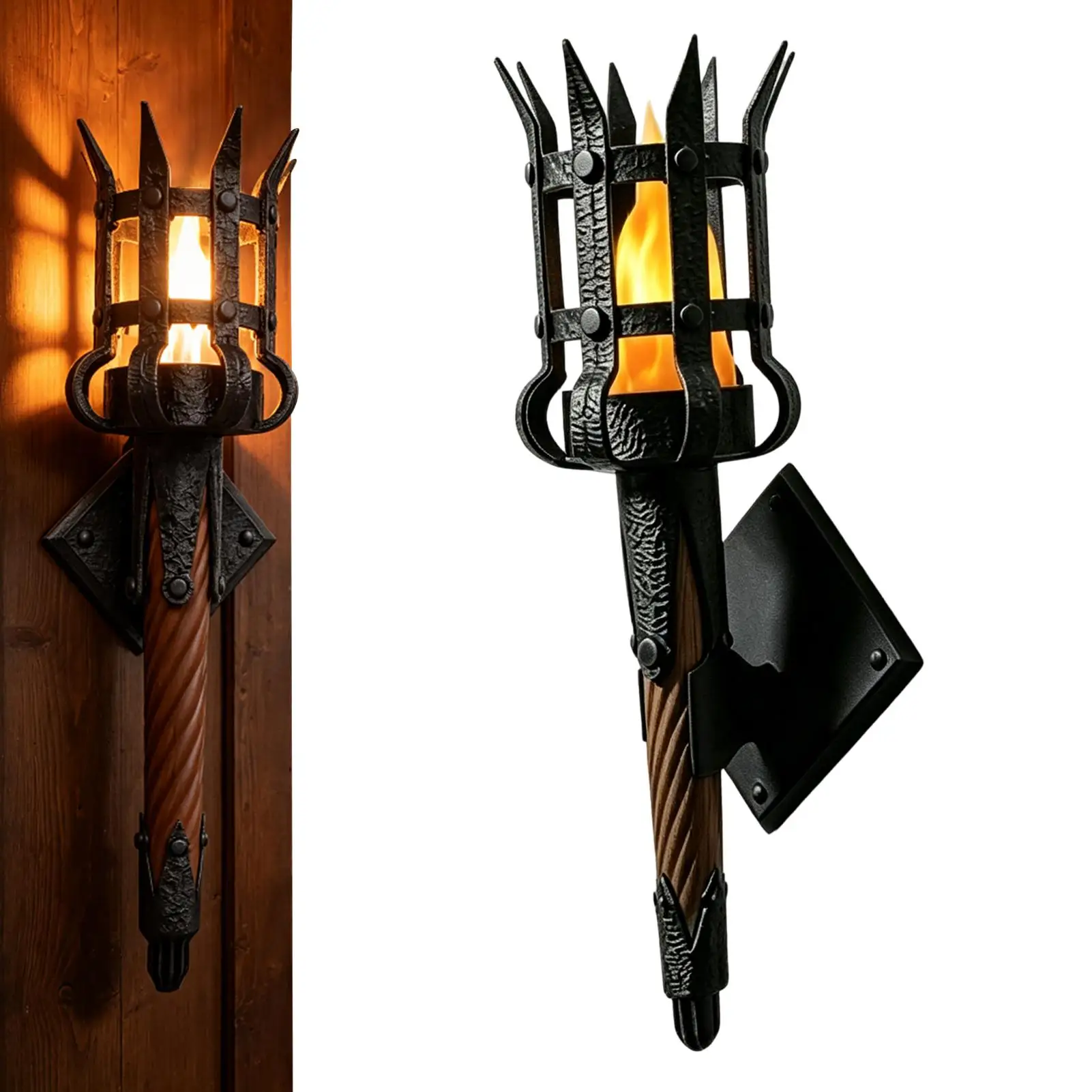 Medieval Wall Sconce Torch Lamp, Realistic Castle Decor Lighting for Home, Bar & Farmhouse, Halloween Haunted House Party