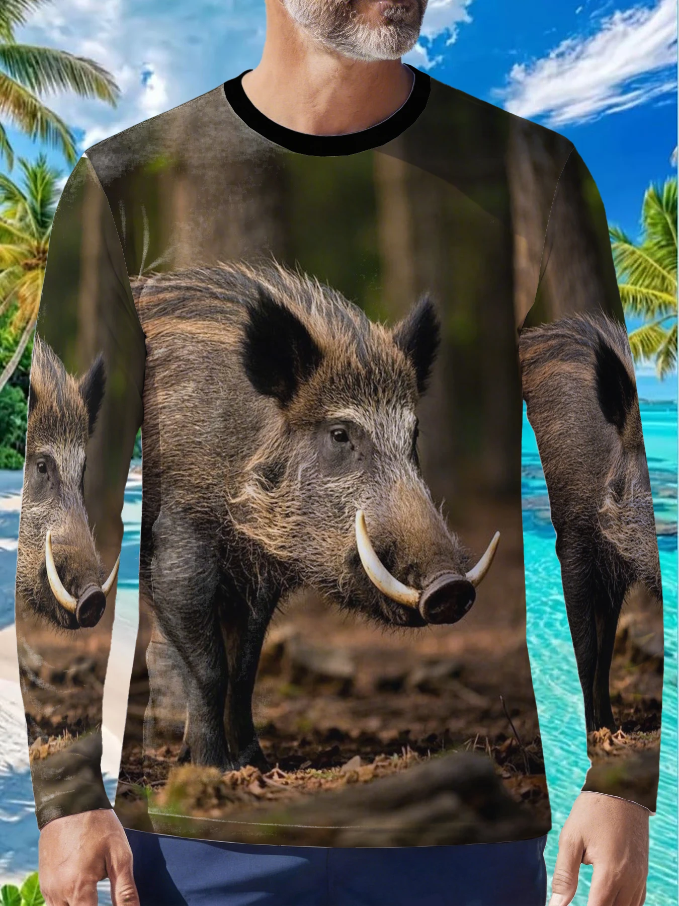 Wild Boar Forest Nature Animal Mens Polyester Long Sleeve T Shirt Wild Pig Print Graphic Tee Casual Outdoor Fall Winter Soft Com