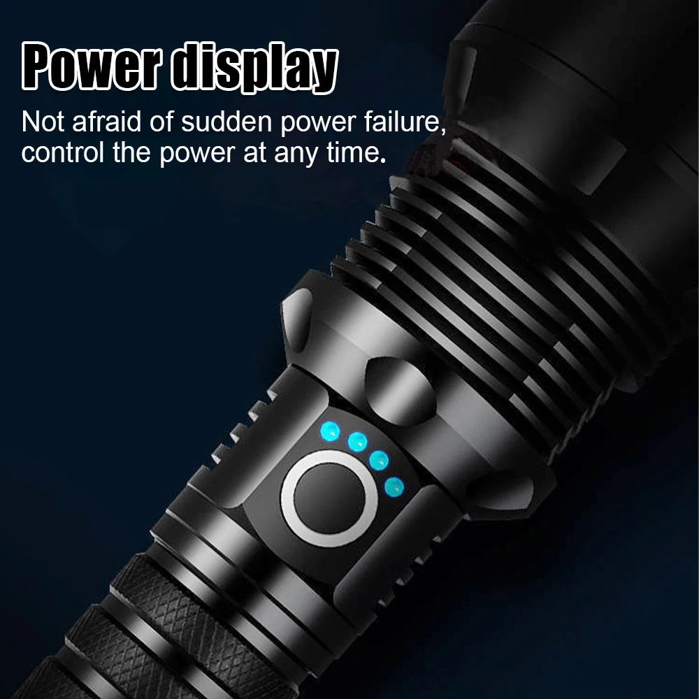 Tactical Powerful Flashlight P70 30W Camping Hand Lamp USB Rechargeable Lantern Zoom Long Shot Torch 2*26650 Battery Flash Light