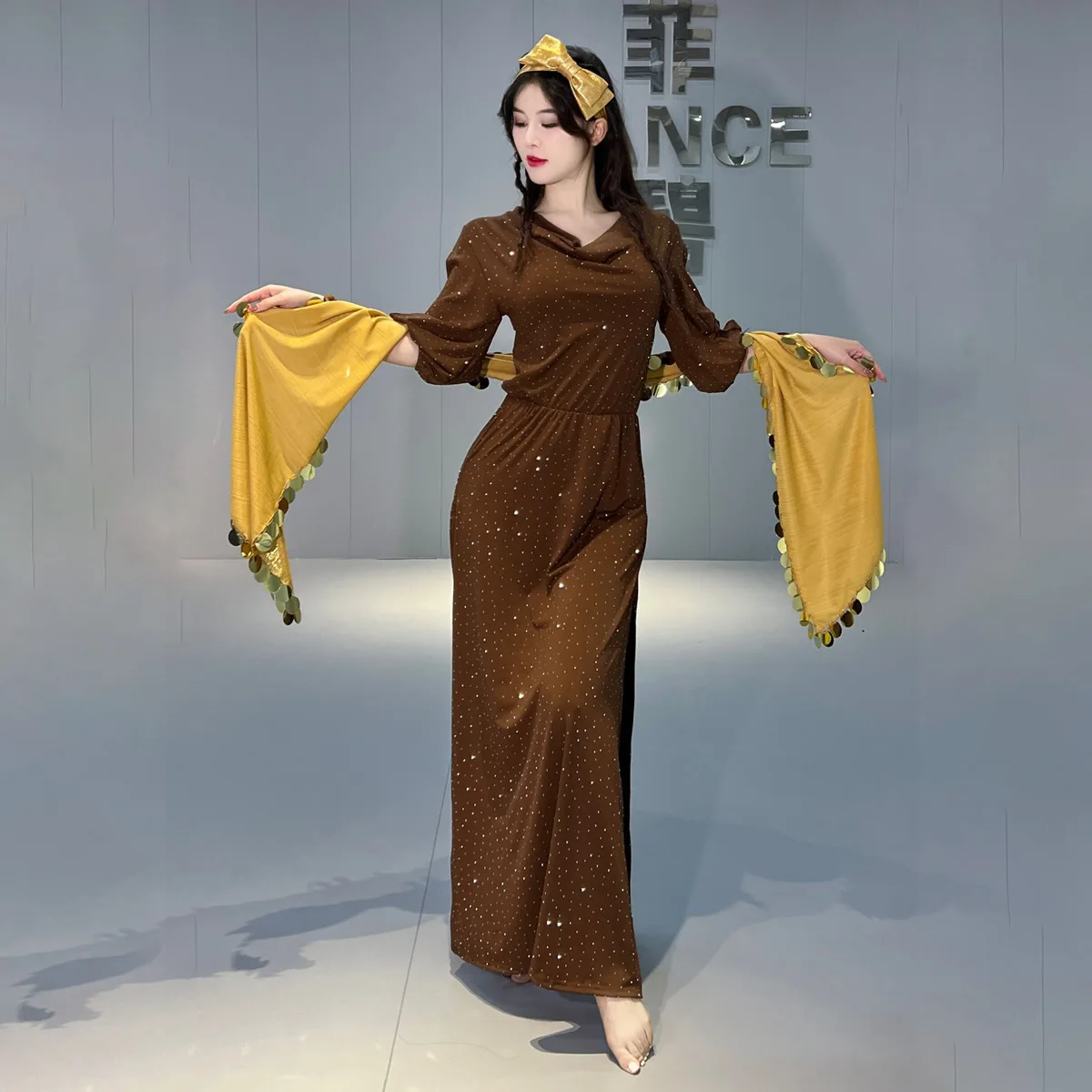 مجموعة أزياء أداء الرقص الشرقي للنساء نصف كم رداء قطني + غطاء للرأس + حزام 3 قطعة رداء أداء شابي بلدي #4