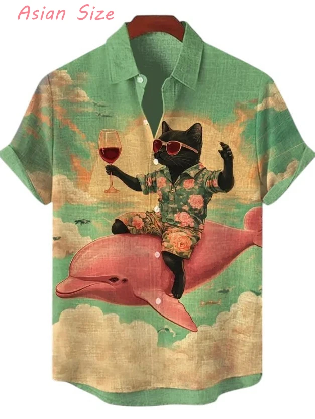 

Unisex Vintage Japanese Men's Anime Samurai Cat Print Casual Daily Wear 3D Printing Short Sleeve Blouses Hawaiian Shirts For Men