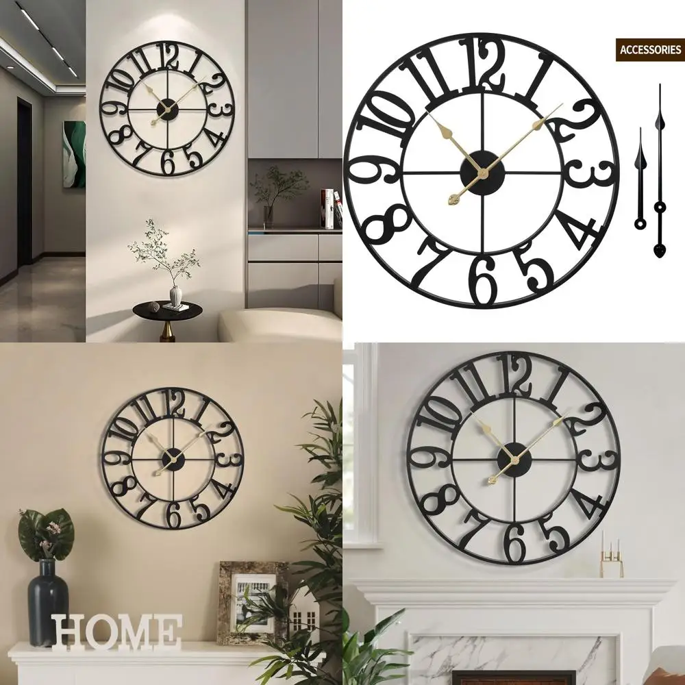 

24 Battery-Powered Silent Large Wall Clock, Retro Black Metal, 60cm, Arabic Numerals, Suitable for Indoor and Outdoor