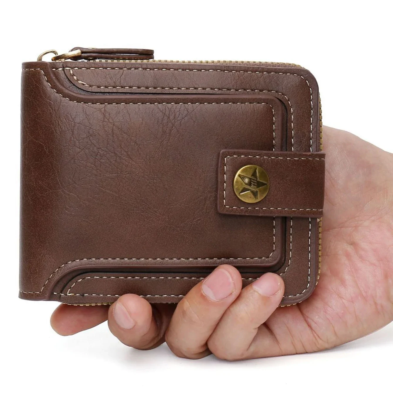 Kurze horizontale Reißverschluss-Münzfach dreifach gefaltetes Kartenetui Geldbörse Billetera Hombre Vintage Herren Hochwertiges PU-Leder Kleine Geldbörse