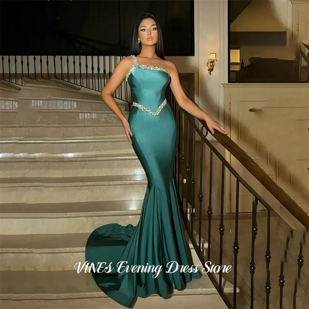 

VINES Teal One Shoulder Evening Dresses with Crystal Trim Gala Dresses Fishtail Sweep Train Party Dress for Women Customized