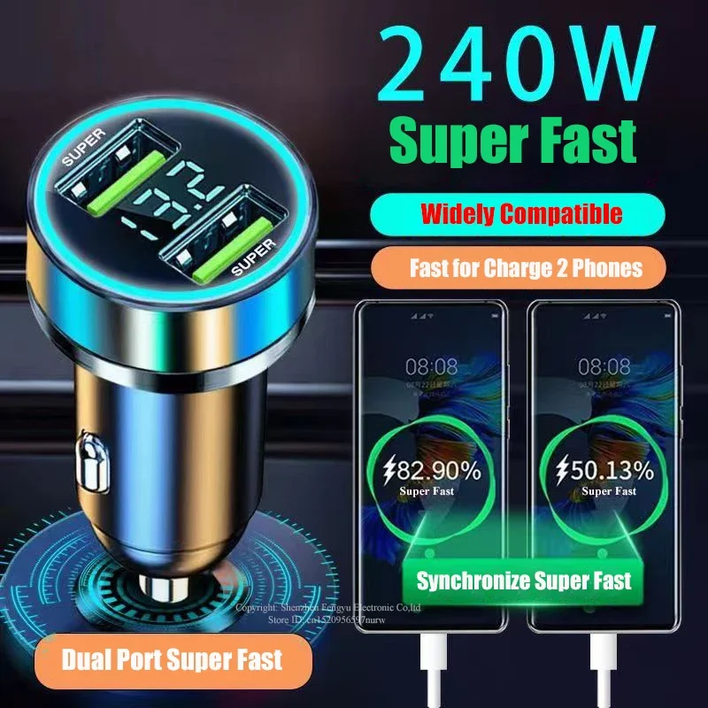 

2 Port Super Fast USB Car Charger for iPhone 14 Pro Max 13 Oneplus Huawei OPPO Samsung Xiaomi 240W Quick Charging Loader Adapter
