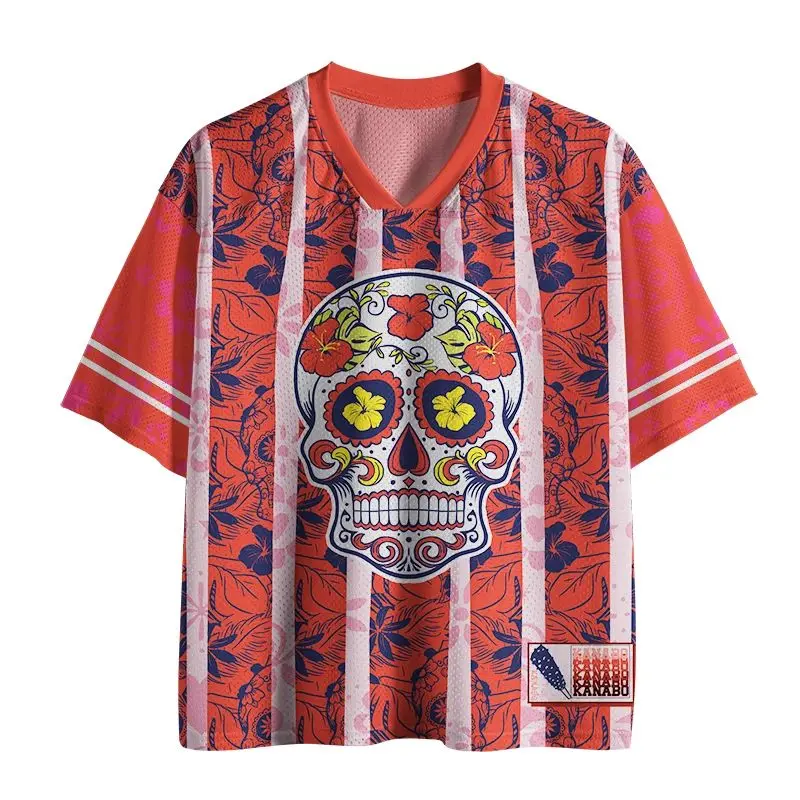Colorful Sugar Skeleton Flower Mesh V-neck Jersey Day of The Dead Theme Printed Street Style Unisex