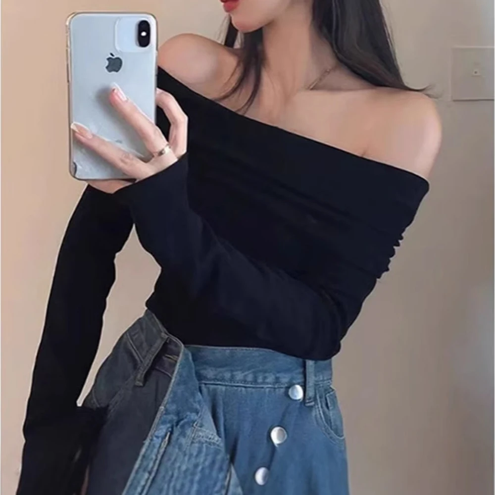 

Футболка с открытыми плечами и длинными рукавами для женщин, повседневная модная футболка из полиэстера, средней эластичности, сезонная одежда