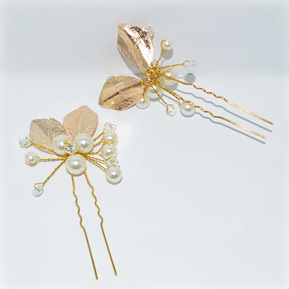 

4pcs U-Shape Hair Chopsticks Alloy Leaf Pearl Inlaid Updo Hair Sticks For Women Golden Rhinestone Headwear Diy Hairstyle