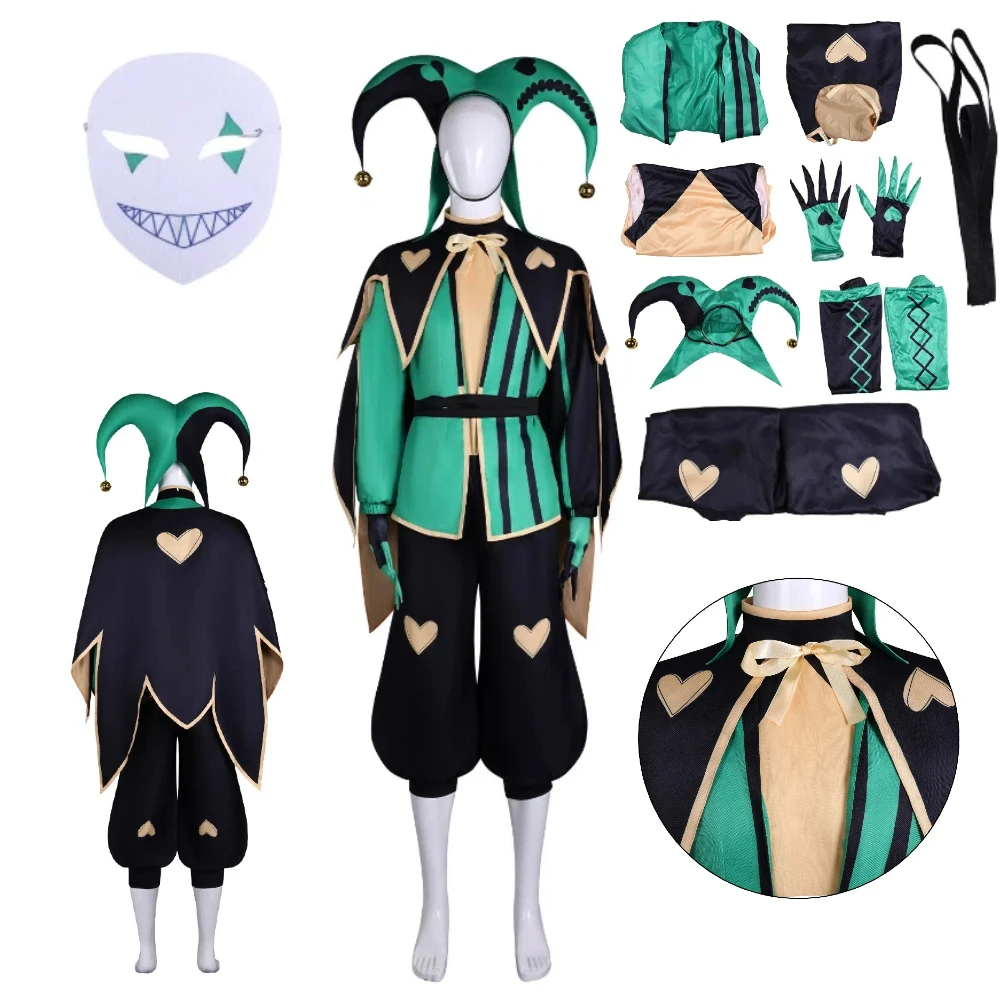 

Halloween Freak Circus Cosplay Costume Hat Mask Gloves Accessories Harlequin Charming Jester Anime Game Clown Role Play Outfit