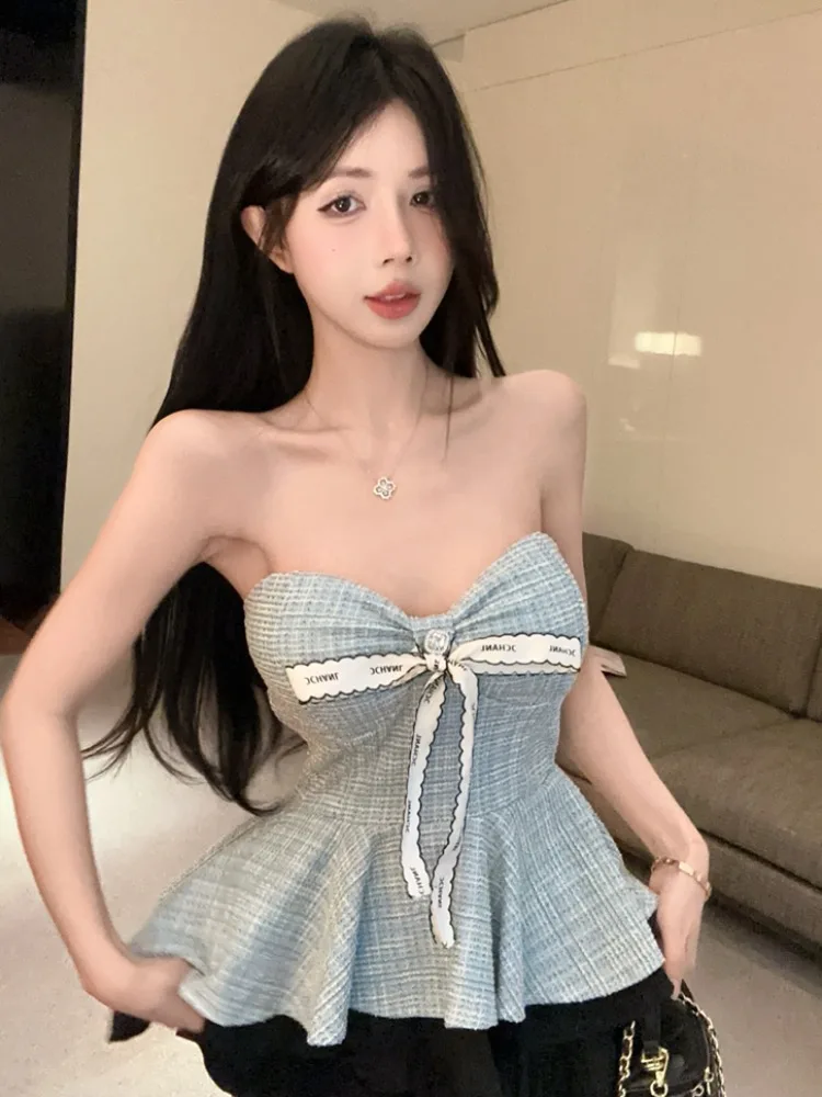 

Summer New Style Small Fragrance Wind Strapless Vest Women's Short Back Beautiful Vest Top with Chest Pad Korean Style Slim Fit