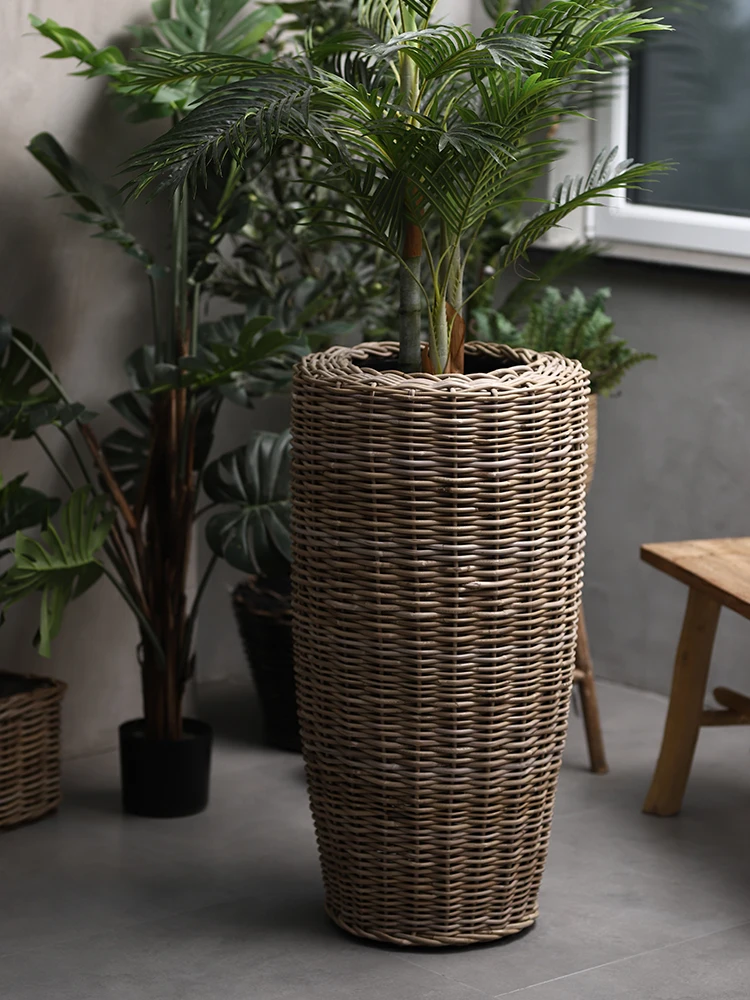 Rattan Woven Flowerpot Bed & Breakfast Style Inn Ancient Technique Rattan Art Woven Flower Basket Balcony Flower Ware