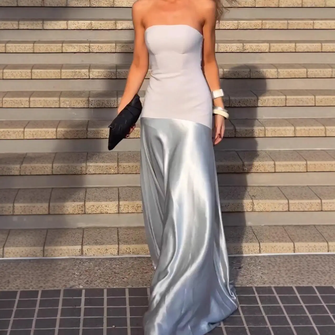 Sexy Strapl Ele Patchwork Cetim Svel Dr Cintura Alta One Step Saia Poliéster Primavera Básico Sle Outro Material