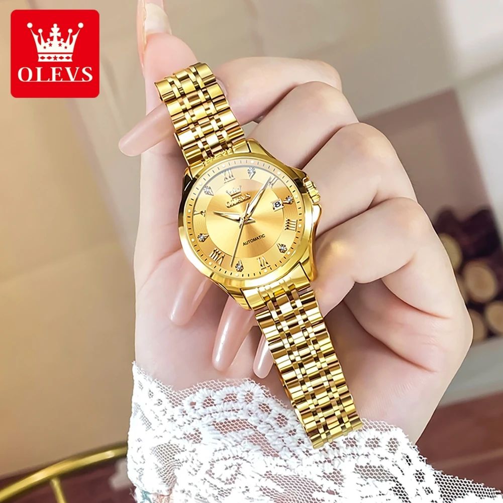 OLEVS 6702 نساء ميكانيكية ساعة أوتوماتيكية فاخرة ساعة ماسية مقاوم للماء مضيئة التقويم المرأة فستان طقم ساعات Reloj Mujer