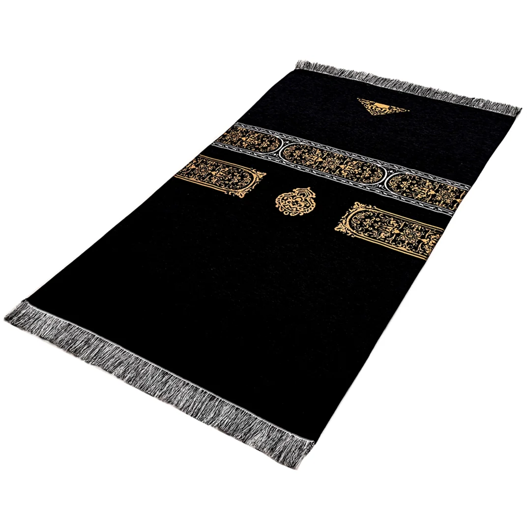 Muslim Prayer Rug Black Sajaddah Chenille Fabric Portable Pray Mat Janamaz