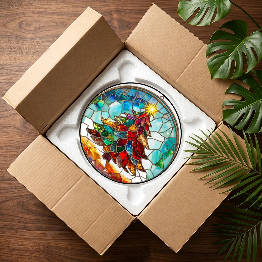 Stained Glass Suncatcher Round Tropical Sunset Beach Palm Tree Hibiscus Flower Window Hanging Decor Home Garden Gift