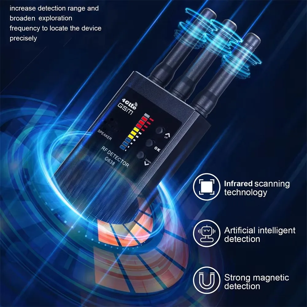 Detector rf sem fio antiespião, 300mhz-2700mhz, detecção de câmera escondida/rastreador gps, 6 níveis de sensibilidade, detecção automática de áudio gsm