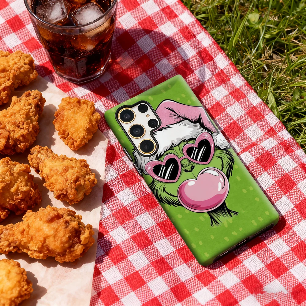 Natal G-Grinch Bolhas Rosa Capa de Telefone para Samsung Galaxy S25 Ultra S24 S23 Ultra Plus Brilhante Capa Traseira de Dupla Camada