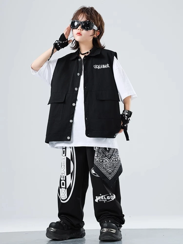 Novos meninos hip hop roupas preto colete calças verão crianças traje de dança rua tambor mostrar roupas meninas jazz palco outfits bl15984