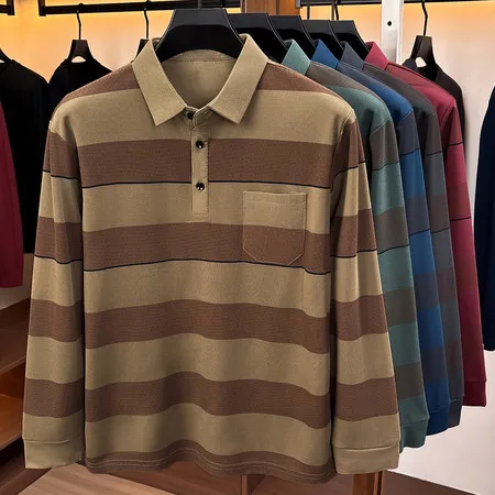 Einfaches Herren-Poloshirt mit langen Ärmeln, Kragen, Brusttasche, Knopfleiste, für Büro, Frühling, Herbst, Freizeit. – Detail 10