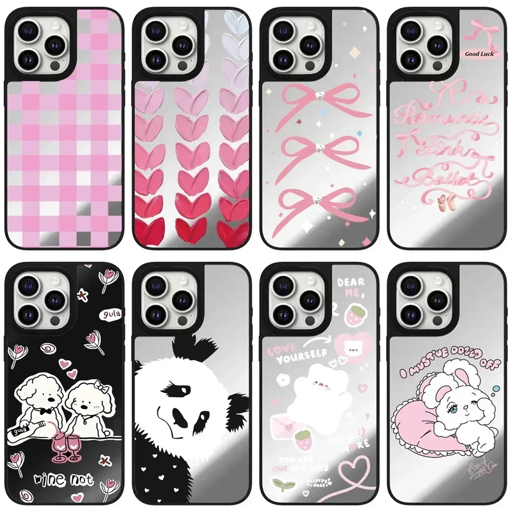 

Panda Heart Bowknot Plaid Mirror Magnetic iPhone 11 12 13 14 15 Pro Max Protective Case