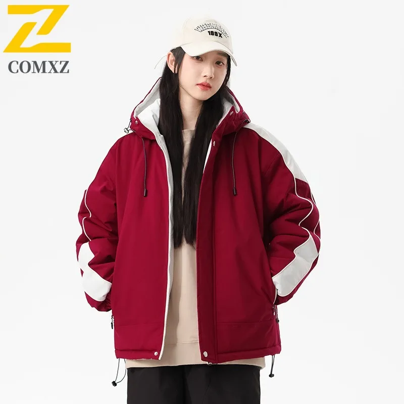 Coxz jaqueta masculina de pão com capuz, à prova de frio, à prova de vento, leve, moderna, solta, formal, neve, esqui, acolchoada, streetwear, casaco acolchoado