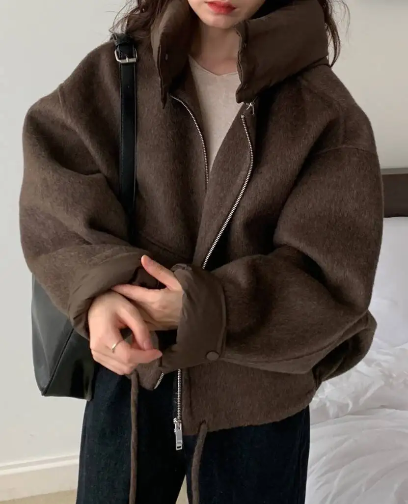 

Wool Blend Coats Womens Woolen Coat Black Women Autumn Corduroy Jacquard Elastic Waist-Closed Batwing Sleeve Button-Up Snap Chic