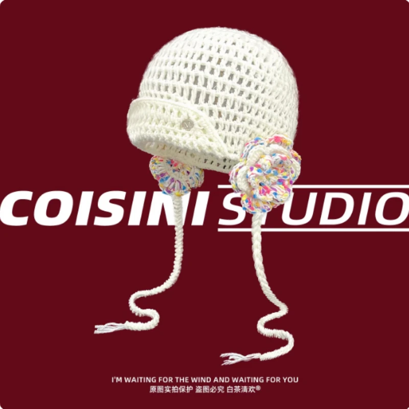 

Корейская модная разноцветная вязаная крючком шапка ручной работы для женщин, весенне-осенняя, теплая, с вырезами и шнуровкой, для путешествий