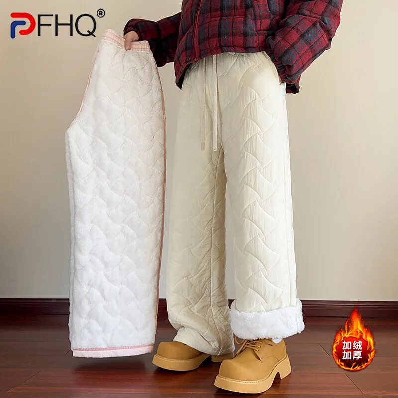 PFHQ Diamond Plaid Design Men's Thickened Pants Drawstring Fleece Solid Color Straight Wide Leg Loose Male Bottom 2024 21Z8127