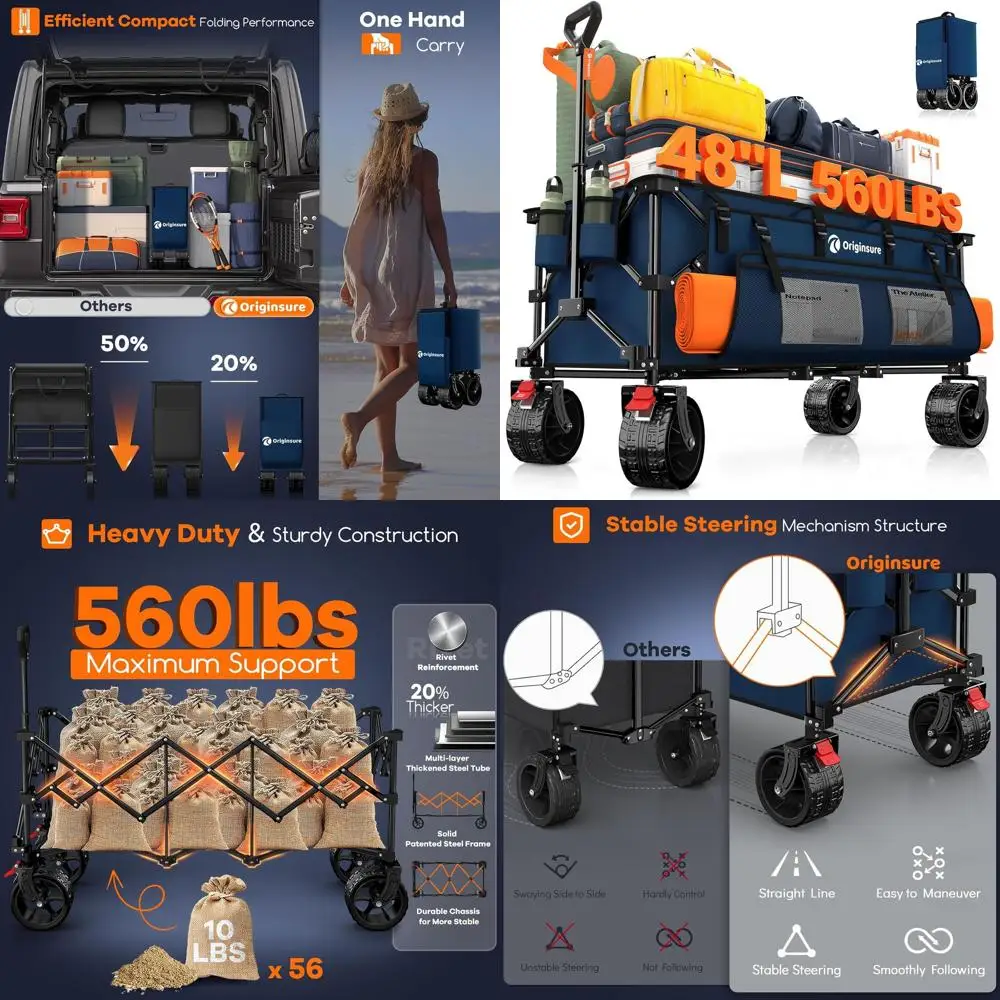 

48 складных универсальных тележек емкостью 560 фунтов, хранилище 300 л, вездеходные колеса для пляжа, кемпинга, покупок