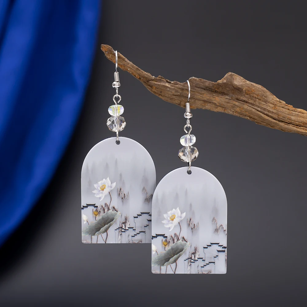 Arch Gray Acrylic Abstract Hazy Design Lotus Flower Earrings For Women Retro Elegant Vacation Style With Glass Bead Ear Jewelry