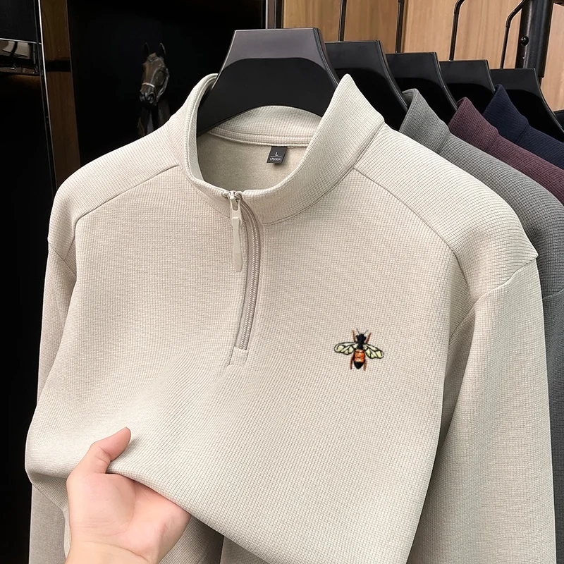 Spring and Autumn Men's Light Luxury Brand Exquisite Embroidery Long Sleeve Starry Velvet Wool Silk Hoodie Casual Warm T-shirt