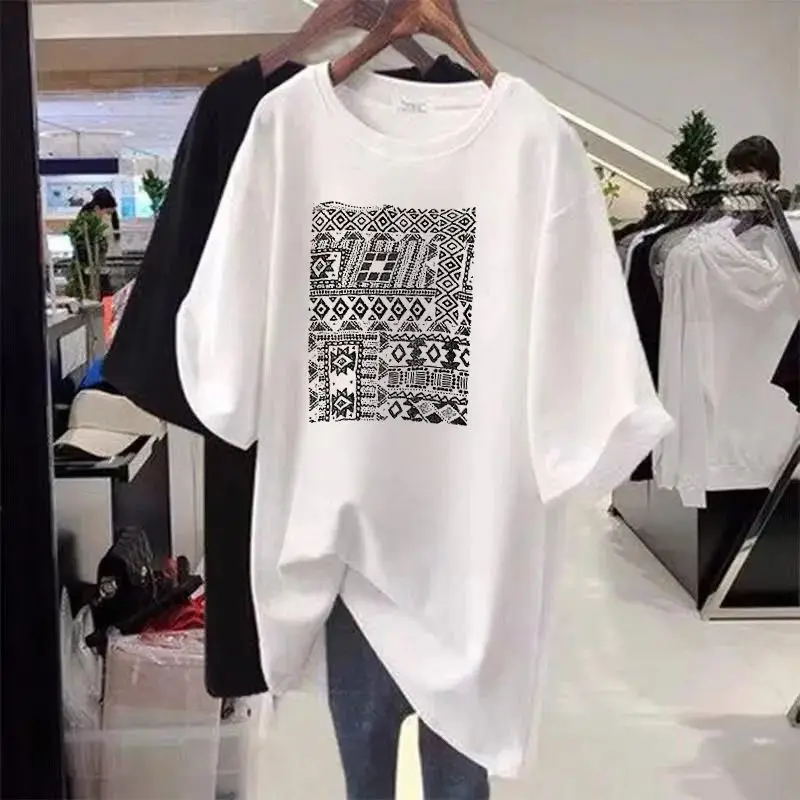 2024 New Summer Oversized Bohemian Sweat Casual T-shirts for Women Loose Mixed Cotton Irregular O Neck Short Sleeve Chic Tops