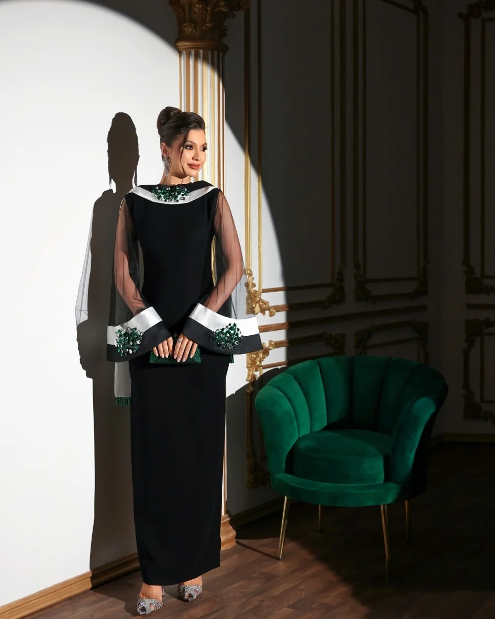 

Customized Black White Jersey Exquisite Formal Rhinestone Beading Sequined Straight High Collar Ankle Length Evening Dresses