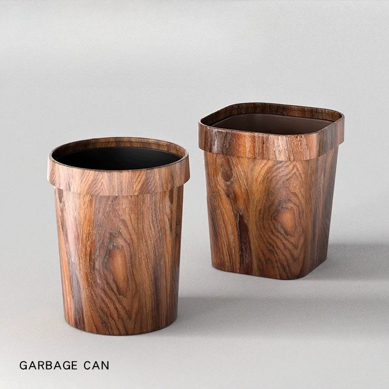 Imitation wood grain trash can household new Chinese style retro style high value living room office commercial catering large p