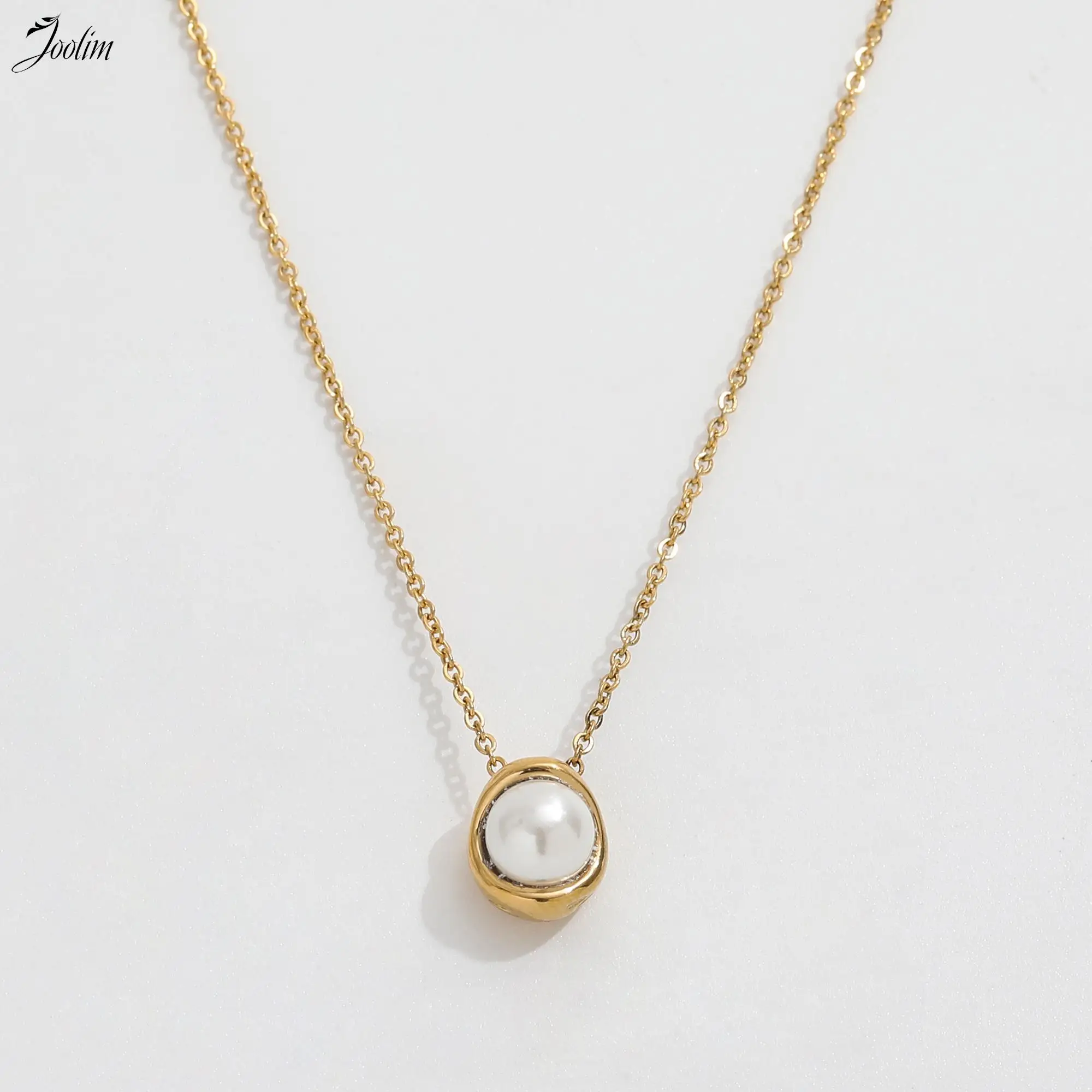 Joolim Jewelry High End PVD Waterproof Elegant Cubic Freshwater Pearl With Profiled Design Pendant Stainless Steel Necklace