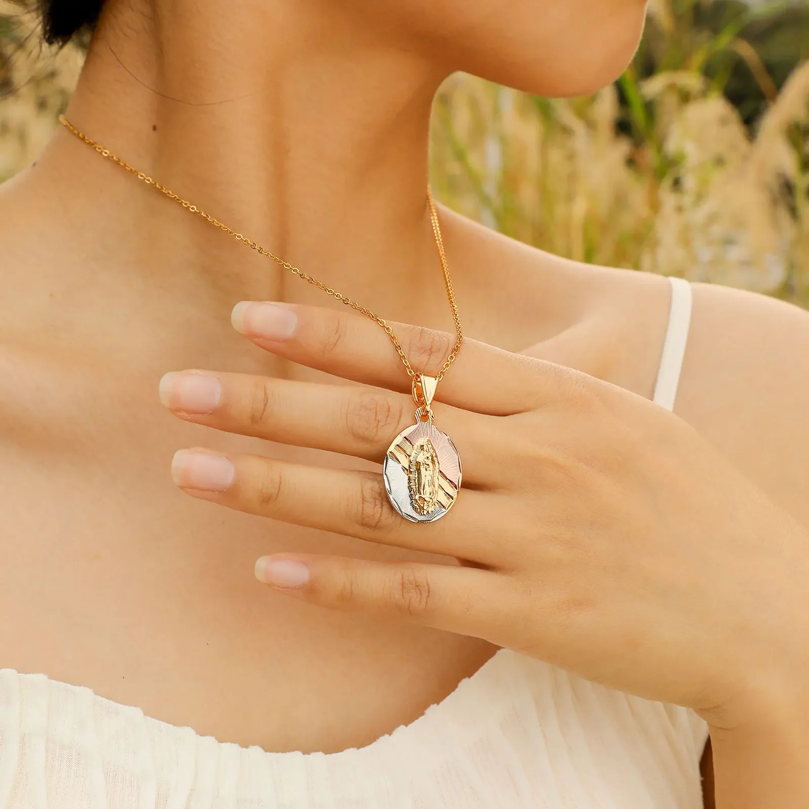 Tri-Color Gold Plated Virgin Mary Guadalupe Charm Pendant Necklace for Women Gift