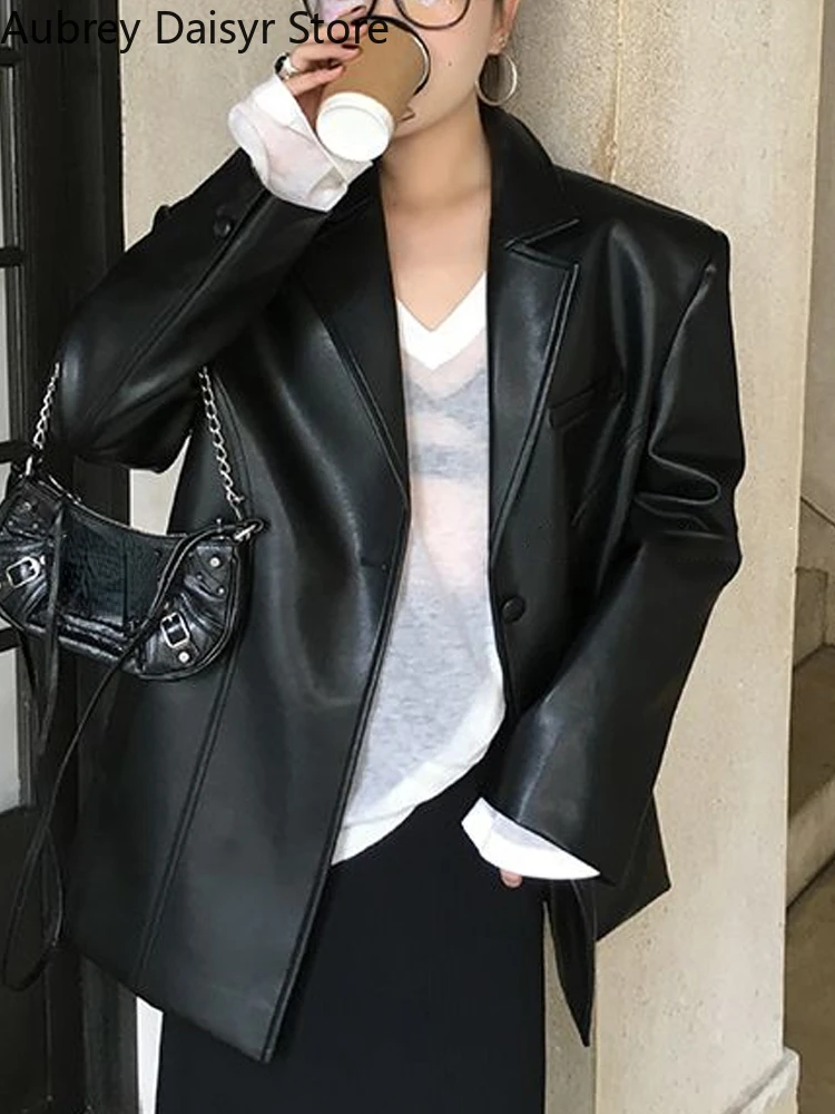 Korean Black Leather Jacket Women Streetwear Punk Elegant Blazer Leather Coat Winter Vintage Casual Moto Biker Leather Jacket