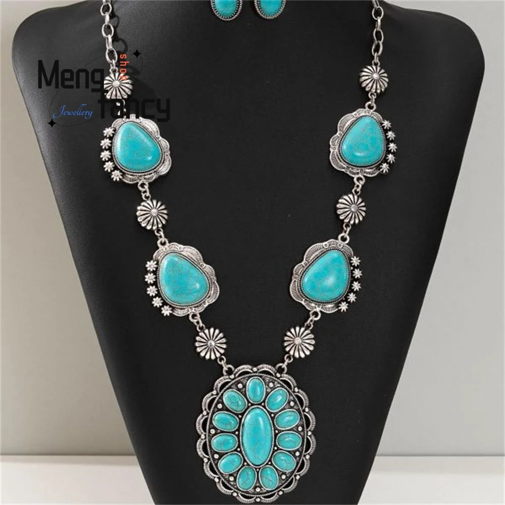 

Natural Tibetan Silver Inlay Retro Turquoise Necklace Pendant Earrings Western Style Exaggerated High-grade Fashion Fine Jewelry