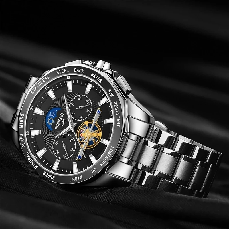 NIBOSI Cool Men Sports Watches Fashion Fake Flywheel Quartz Watch Multifunctional Chronograph Watch Waterproof Clock Reloj 2580