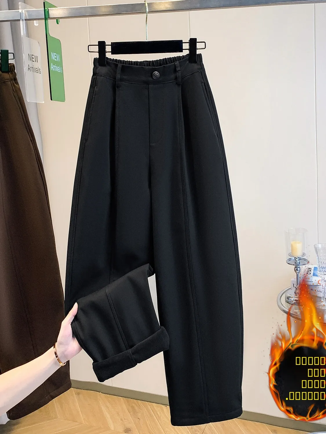 High Waist Fce Lined Casual Pants Wide Leg Women's Sle Pear ape Body Fit Winter New Arrival Korean Version Straight Cut