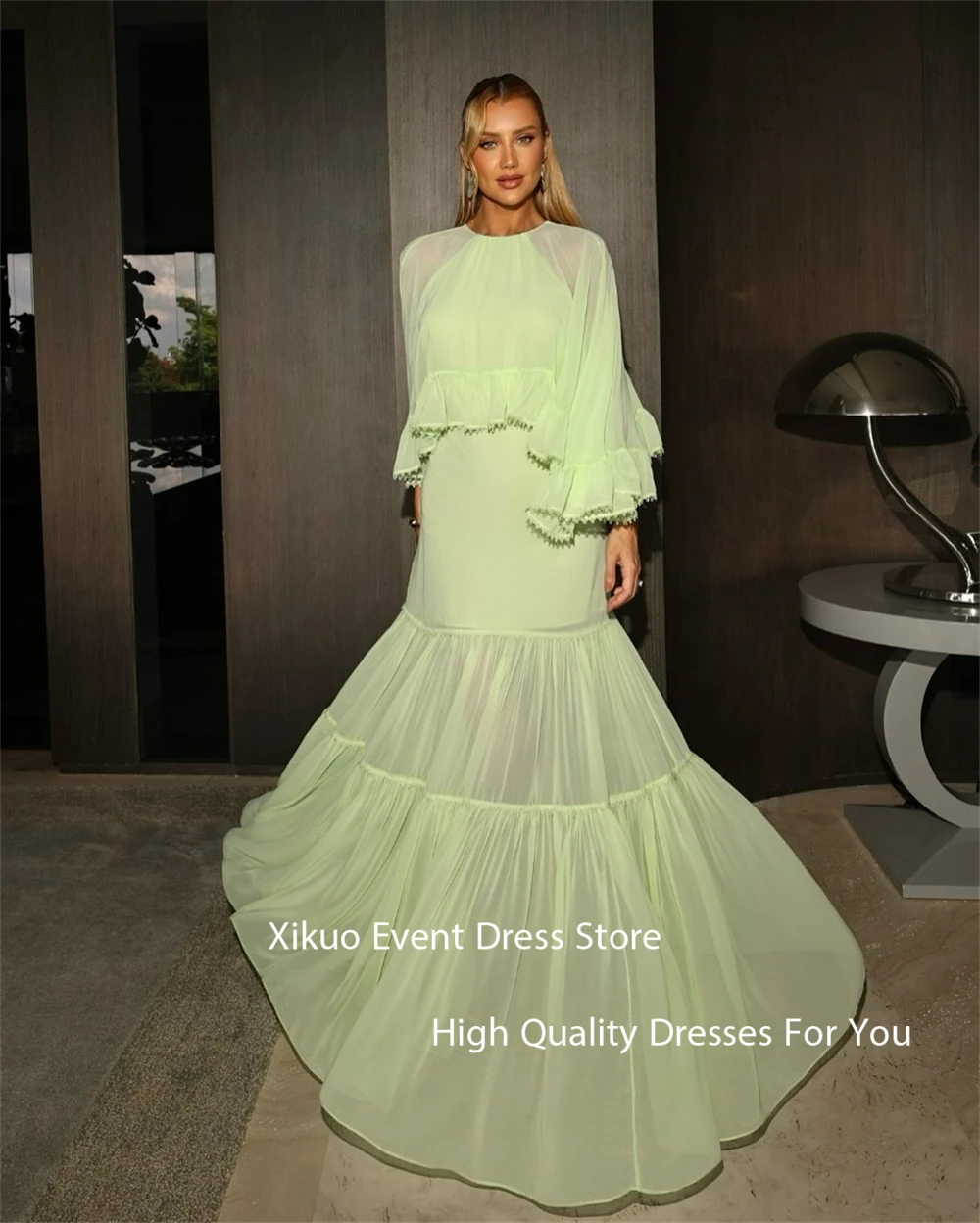 Xikuo Elegant Green Chiffon Evening Gowns A Line Illusion Robe Cocktail Femmes Pleated Cocatail Party Prom Dresses Customized