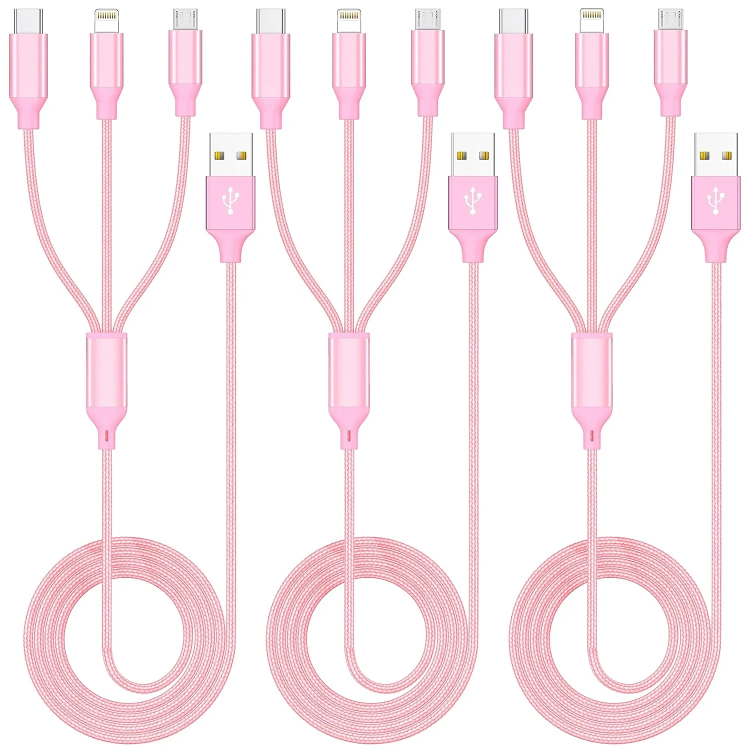 Multi Charging Cable 4ft 3Pack 3 in 1 Charger Cord, Multiple Rapid Nylon Braided Cable USB Charging Cable Multi Phone Charger Co