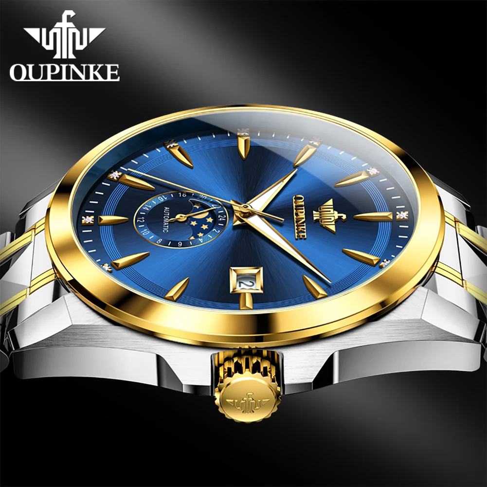 OUPINKE 3292 Synthetic Sapphire Mirror Mechanical Man Watches 24 Hour Moon Phase Waterproof Watch For Men Auto Date Hand Clock