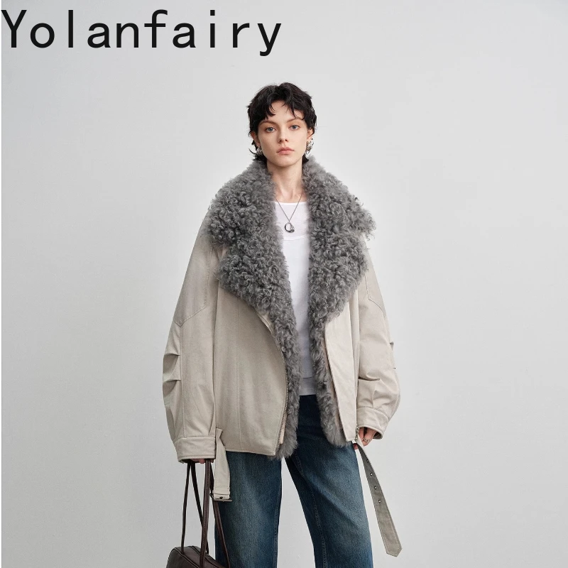 YOLANFAIRY الخريف والشتاء 90 الأبيض أوزة أسفل الفراء سترة انفصال لامب طويلة الأكمام الفراء طوق معطف الصوف شوهابا اغنائية 2025