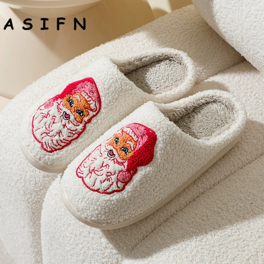 Fashion Winter Christmas Santa Claus Slippers Houseshoes Women Comfy Home Flat Slip-on Bedroom Cute Pink Christmas Party Shoes