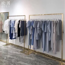 High end clothing store display rack women's clothing store titanium gold stainless steel landing wall Island hanger