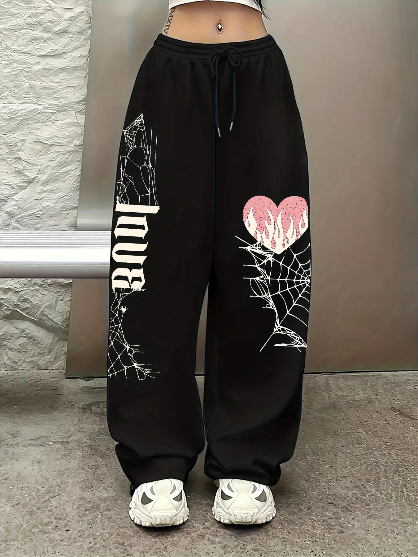 New Style: Spider Web Pink Love Dark Sweet Cool Element Printed Casual Running Pants Trendy Women's Straight Leg Pants