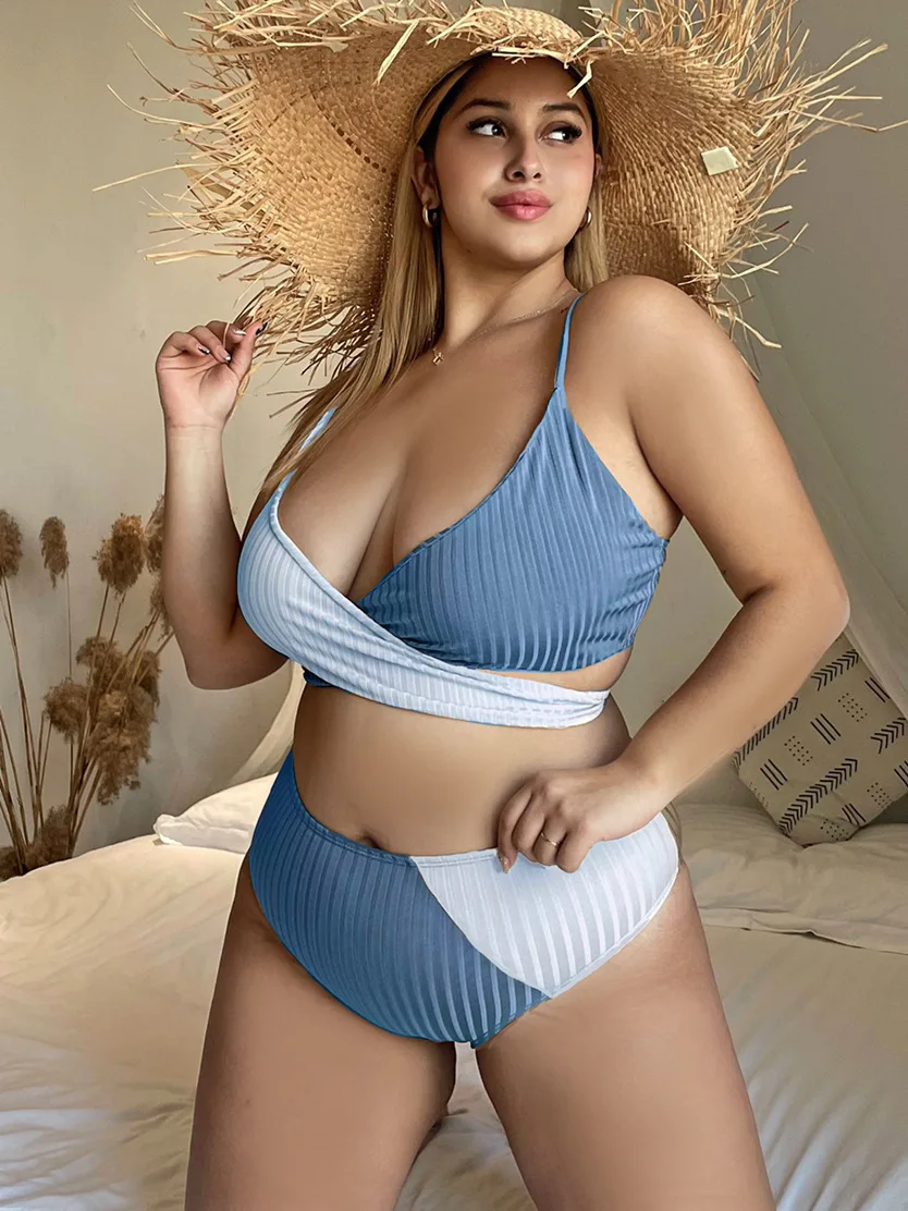 Plus Size Color Block Cross Tie High Waist Bikini Swimwear Women\'s Swimsuit Beachwear Bathing Suits