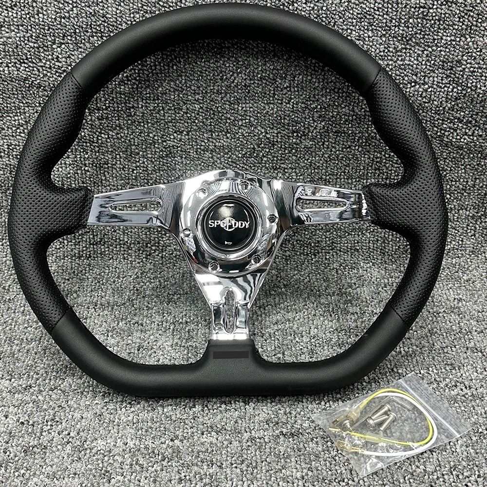 Spceddy Polishing Bracket 14inch 350mm D Shape Elliptical New Car Sports Steering Wheel Perforated Leather